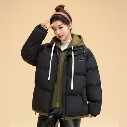 Mock Two-Piece Two-Tone Padded Hooded Drawstring Zip Jacket