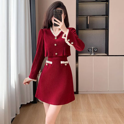 Long-Sleeve V-Neck Mock Two-Piece Button Accent Contrast Lace Trim Corduroy Mini A-Line Dress