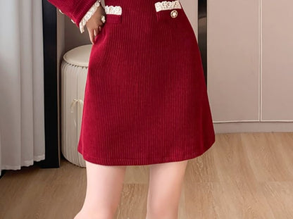 Long-Sleeve V-Neck Mock Two-Piece Button Accent Contrast Lace Trim Corduroy Mini A-Line Dress