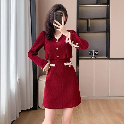 Long-Sleeve V-Neck Mock Two-Piece Button Accent Contrast Lace Trim Corduroy Mini A-Line Dress