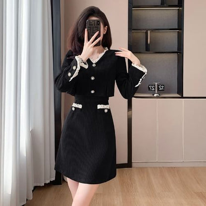 Long-Sleeve V-Neck Mock Two-Piece Button Accent Contrast Lace Trim Corduroy Mini A-Line Dress