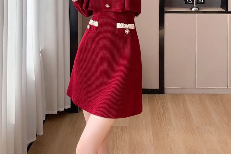 Long-Sleeve V-Neck Mock Two-Piece Button Accent Contrast Lace Trim Corduroy Mini A-Line Dress