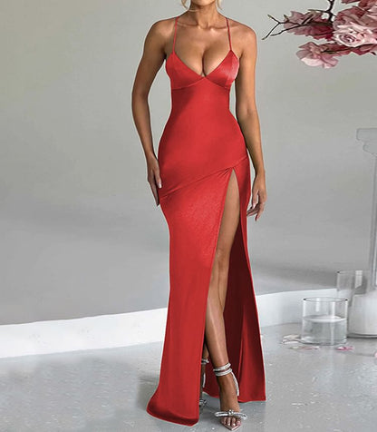 Spaghetti Strap V-Neck Open Back Slit Mermaid Gown