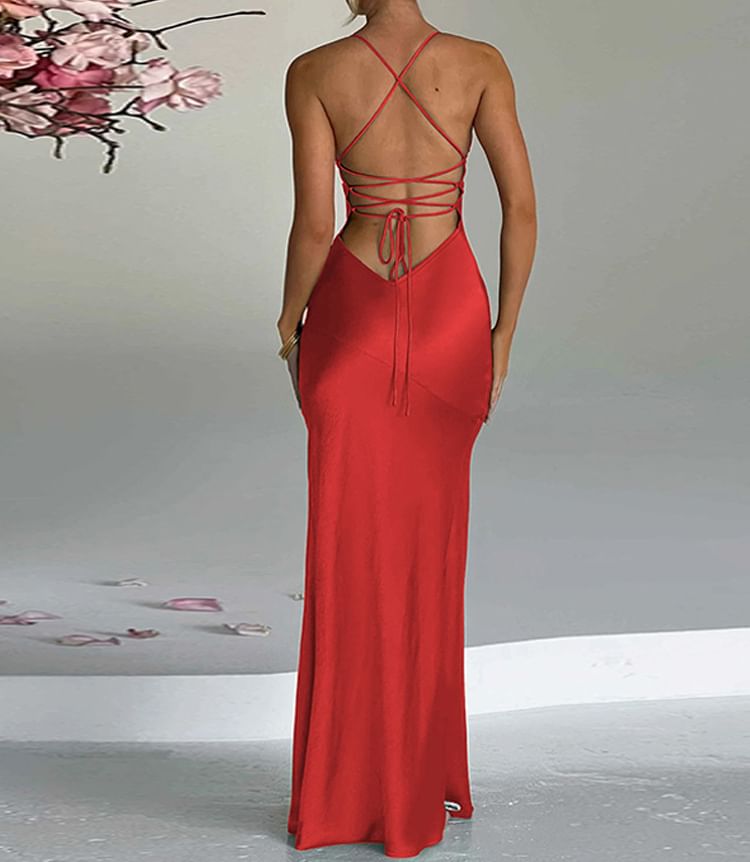 Spaghetti Strap V-Neck Open Back Slit Mermaid Gown