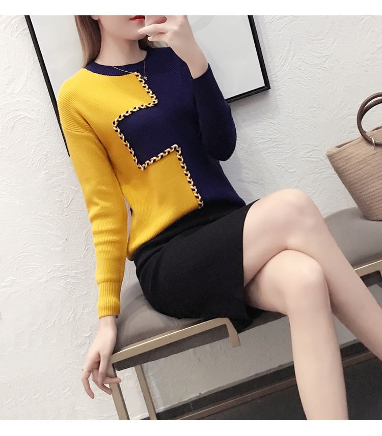 Crew Neck Two Tone Sweater