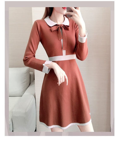 Long-Sleeve Collar Plain Contrast Trim Knit Mini A-Line Dress