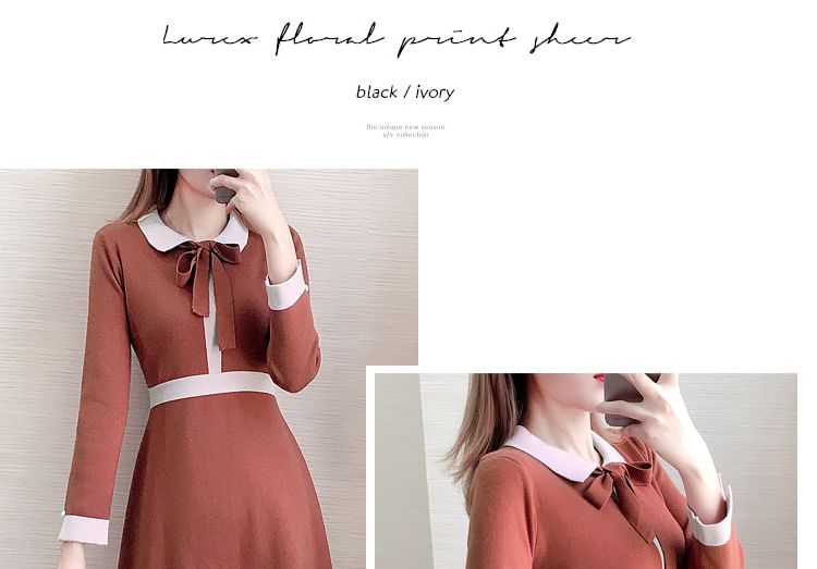 Long-Sleeve Collar Plain Contrast Trim Knit Mini A-Line Dress