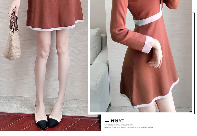 Long-Sleeve Collar Plain Contrast Trim Knit Mini A-Line Dress