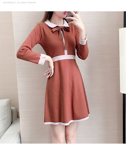 Long-Sleeve Collar Plain Contrast Trim Knit Mini A-Line Dress