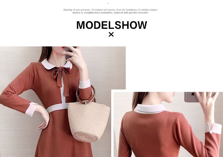 Long-Sleeve Collar Plain Contrast Trim Knit Mini A-Line Dress