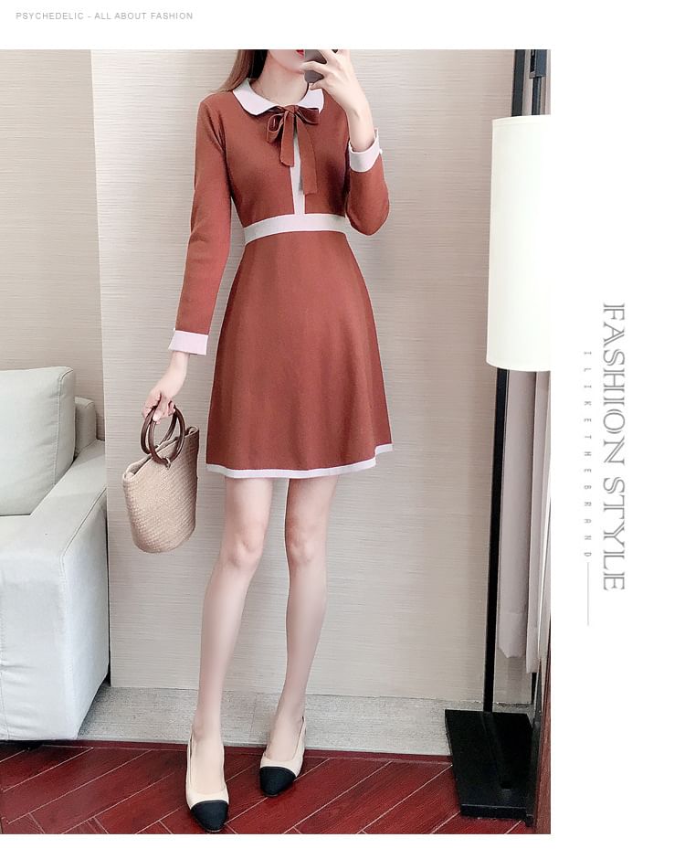 Long-Sleeve Collar Plain Contrast Trim Knit Mini A-Line Dress