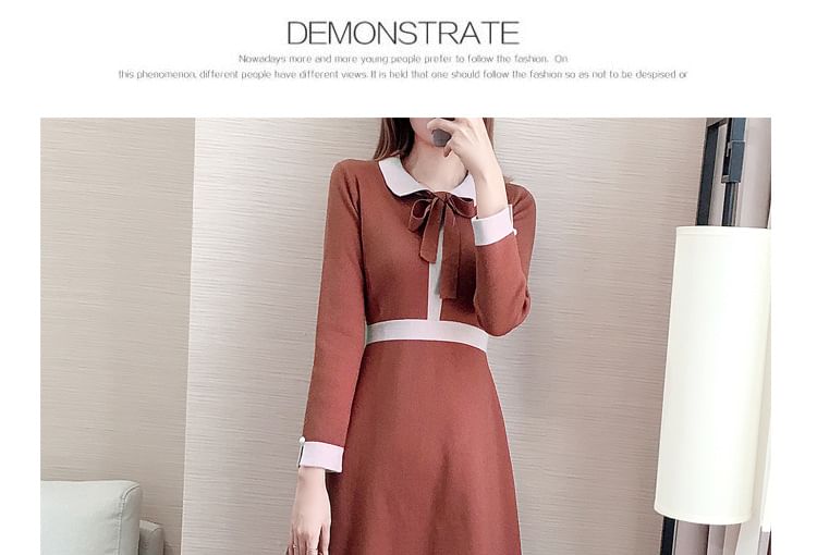 Long-Sleeve Collar Plain Contrast Trim Knit Mini A-Line Dress