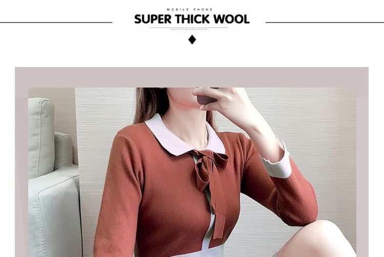 Long-Sleeve Collar Plain Contrast Trim Knit Mini A-Line Dress