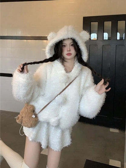 Plain Bear Ear Hooded Fluffy Button-Up Jacket / High Waist Mini A-Line Skirt