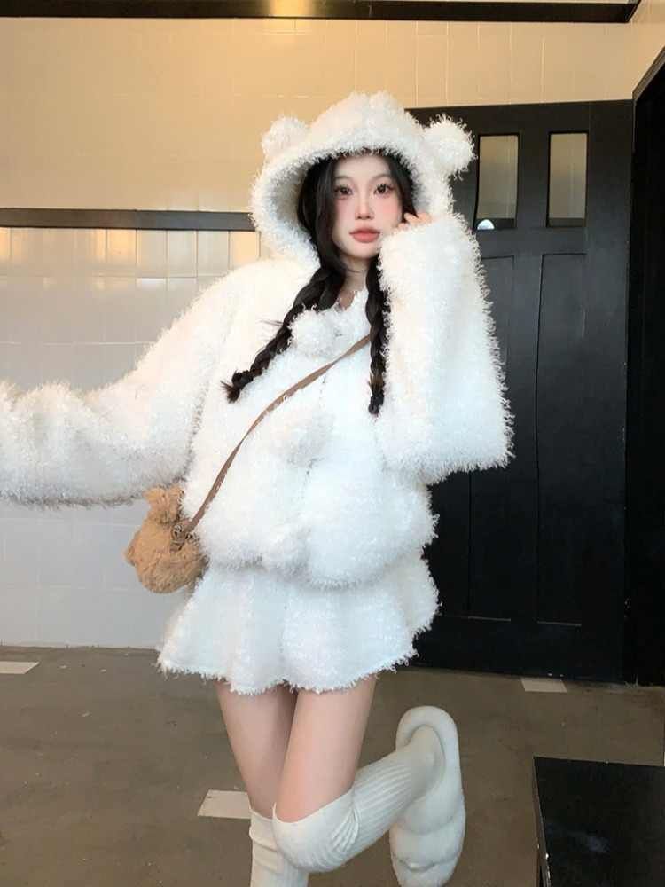 Plain Bear Ear Hooded Fluffy Button-Up Jacket / High Waist Mini A-Line Skirt