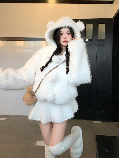 Plain Bear Ear Hooded Fluffy Button-Up Jacket / High Waist Mini A-Line Skirt