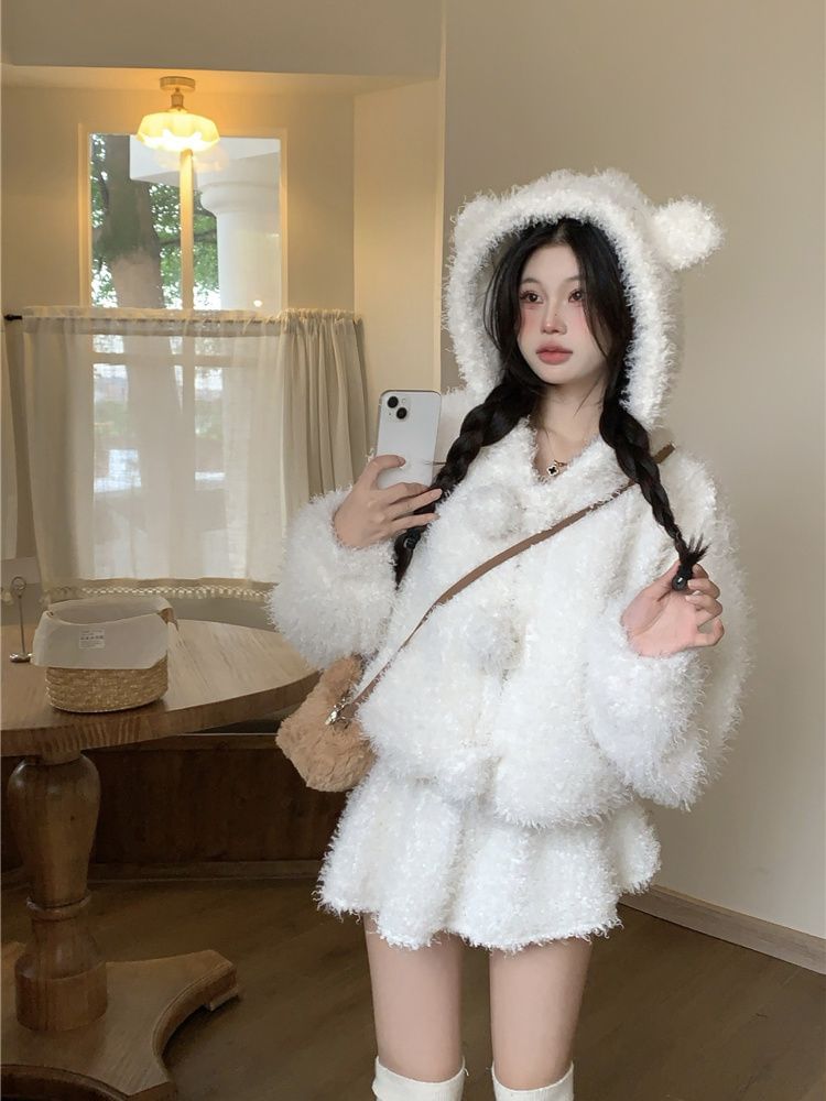Plain Bear Ear Hooded Fluffy Button-Up Jacket / High Waist Mini A-Line Skirt