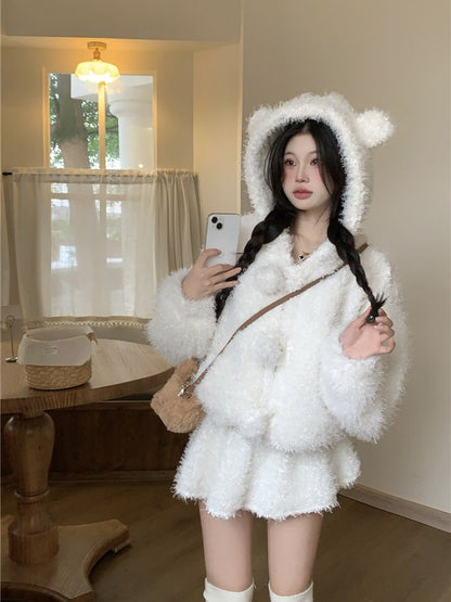 Plain Bear Ear Hooded Fluffy Button-Up Jacket / High Waist Mini A-Line Skirt