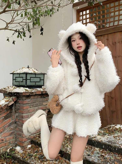 Plain Bear Ear Hooded Fluffy Button-Up Jacket / High Waist Mini A-Line Skirt