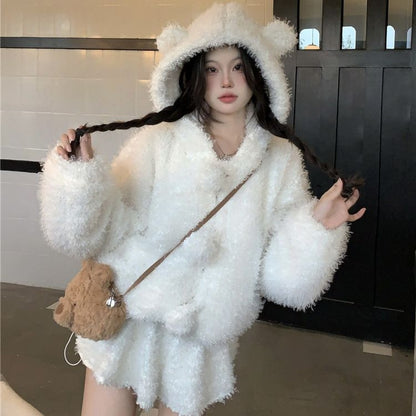Plain Bear Ear Hooded Fluffy Button-Up Jacket / High Waist Mini A-Line Skirt