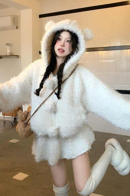 Plain Bear Ear Hooded Fluffy Button-Up Jacket / High Waist Mini A-Line Skirt