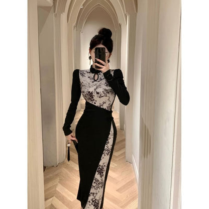 Long-Sleeve Floral Two Tone  Midi Qipao