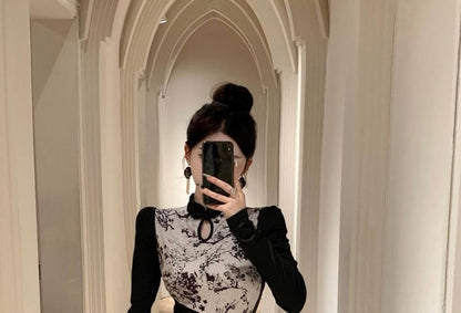Long-Sleeve Floral Two Tone  Midi Qipao