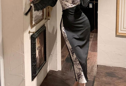 Long-Sleeve Floral Two Tone  Midi Qipao