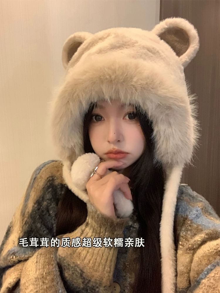 Chenille Bear Ear Trapper Hat