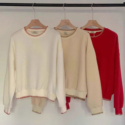 Crew Neck Plain Contrast Stitching Sweater