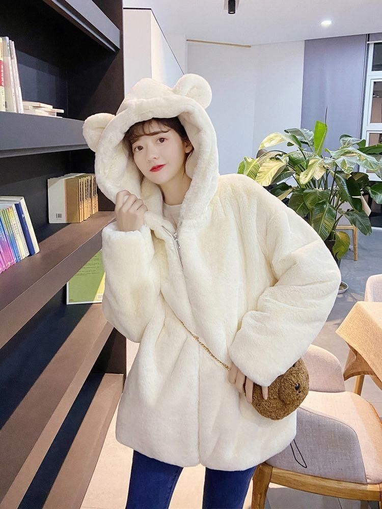 Plain Bear Ear Hood Faux Fur Zip Jacket