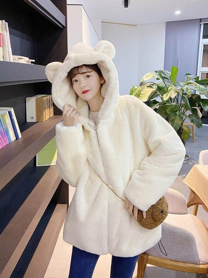 Plain Bear Ear Hood Faux Fur Zip Jacket