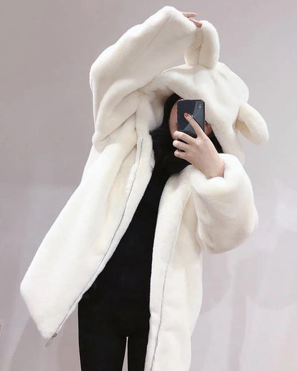 Plain Bear Ear Hood Faux Fur Zip Jacket
