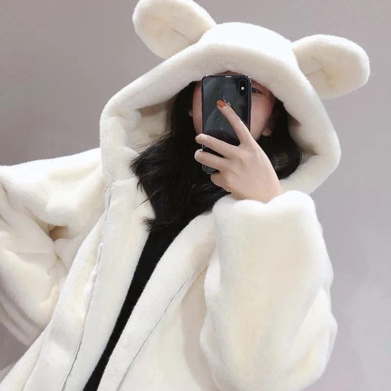 Plain Bear Ear Hood Faux Fur Zip Jacket