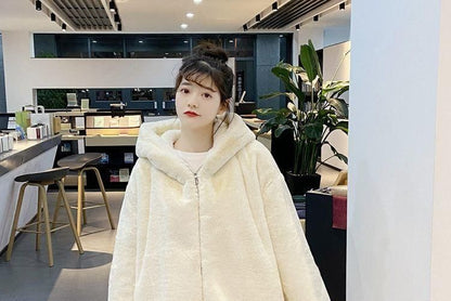 Plain Bear Ear Hood Faux Fur Zip Jacket
