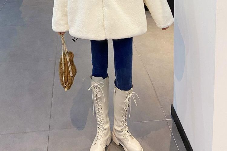 Plain Bear Ear Hood Faux Fur Zip Jacket