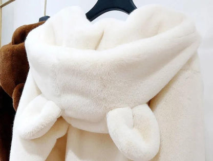 Plain Bear Ear Hood Faux Fur Zip Jacket