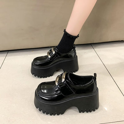 Platform Adhesive Strap Buckled Patent Leather Loafers
