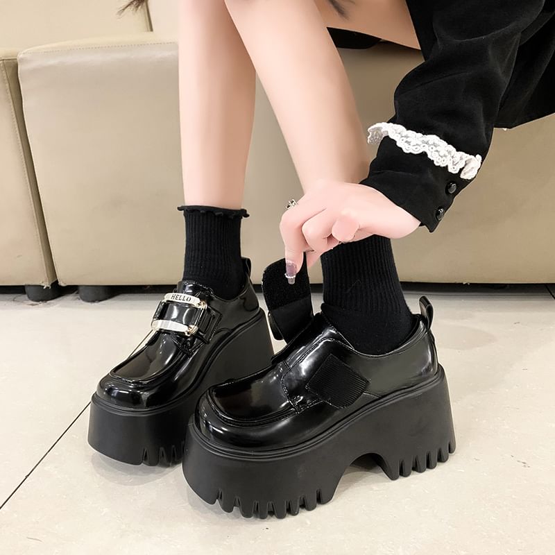 Platform Adhesive Strap Buckled Patent Leather Loafers