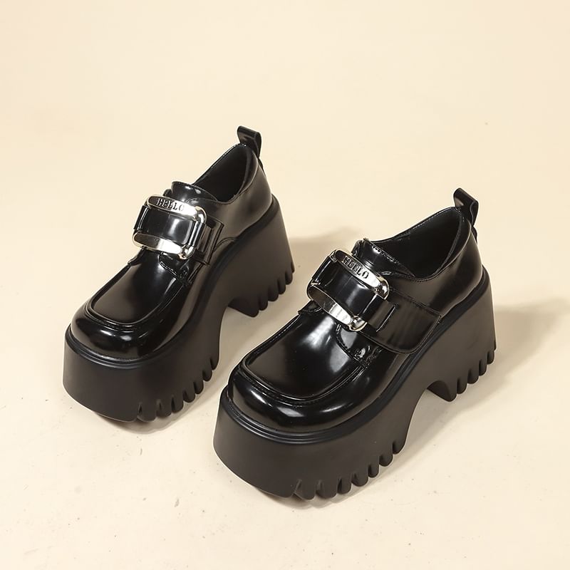 Platform Adhesive Strap Buckled Patent Leather Loafers