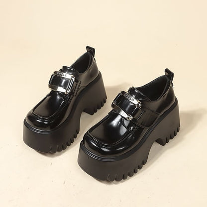 Platform Adhesive Strap Buckled Patent Leather Loafers
