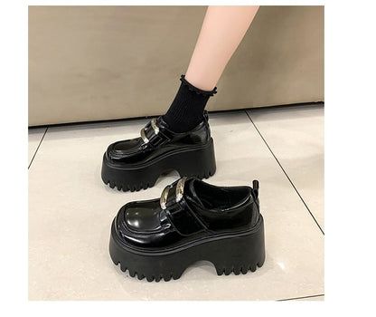 Platform Adhesive Strap Buckled Patent Leather Loafers