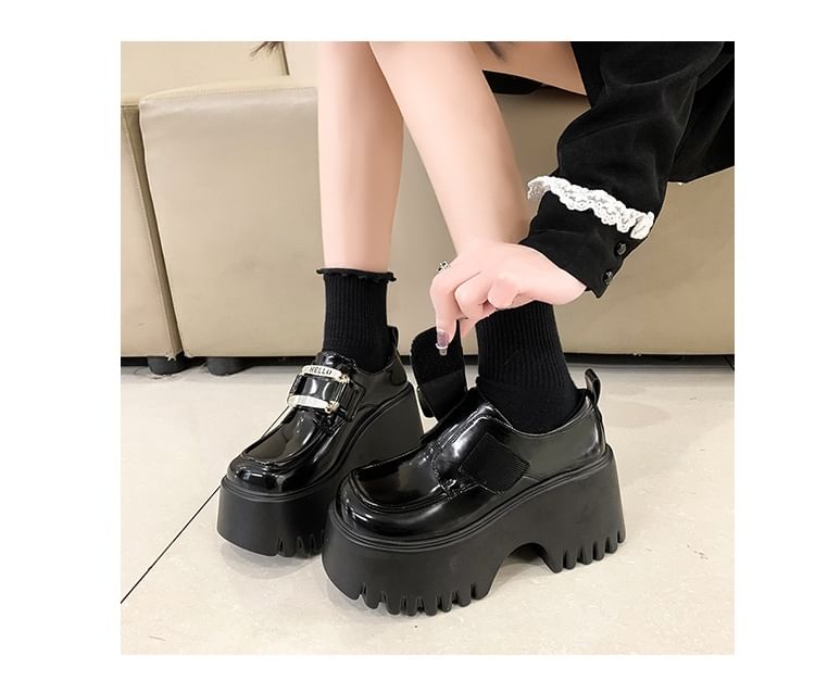 Platform Adhesive Strap Buckled Patent Leather Loafers