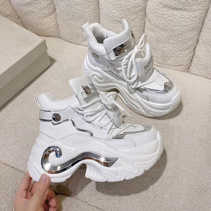 Platform Metallic Panel Faux Leather Lace-Up High Top Sneakers