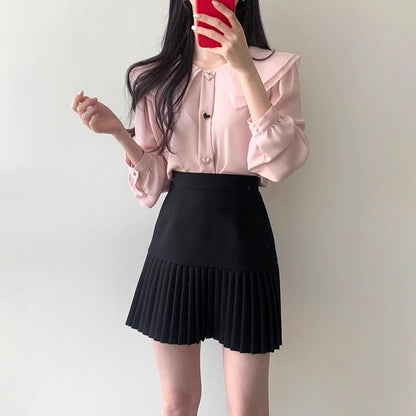 Long-Sleeve Plain Heart Button Blouse / High Waist Accordion Pleated Mini A-Line Skirt