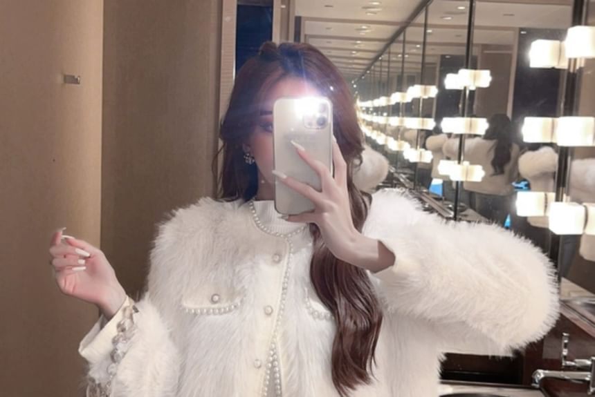 Plain Fluffy Faux Pearl Button-Up Jacket