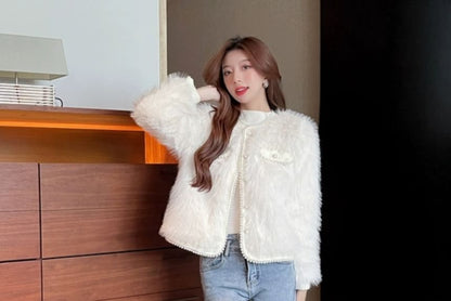 Plain Fluffy Faux Pearl Button-Up Jacket