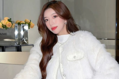 Plain Fluffy Faux Pearl Button-Up Jacket