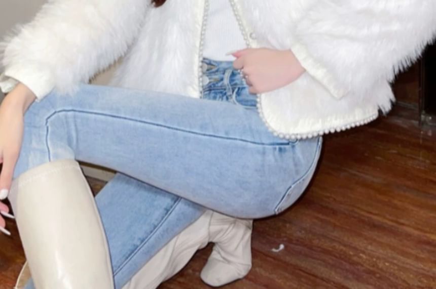 Plain Fluffy Faux Pearl Button-Up Jacket