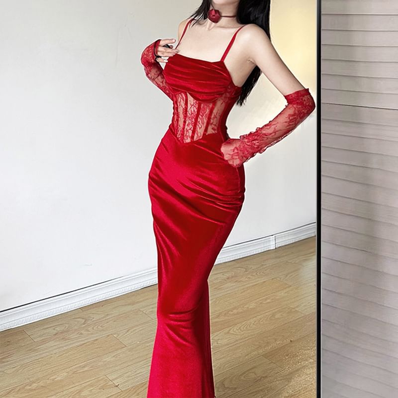 Set: Spaghetti Strap Lace Corset Sheath Dress + Arm Sleeves